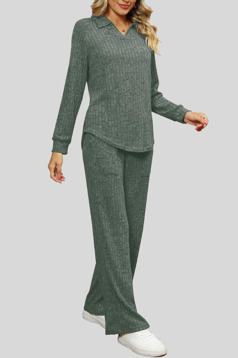 Ribbed Long Sleeve Top and Pocketed Pants Set - ClassiQ