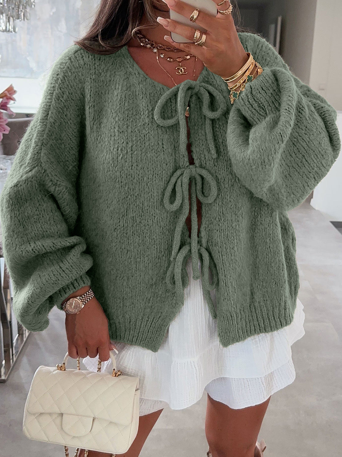 Tied Long Sleeve Dropped Shoulder Cardigan - ClassiQ