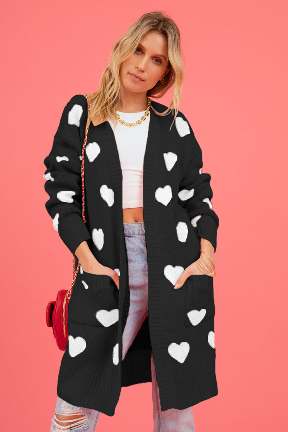 Heart Graphic Open Front Cardigan with Pockets - ClassiQ