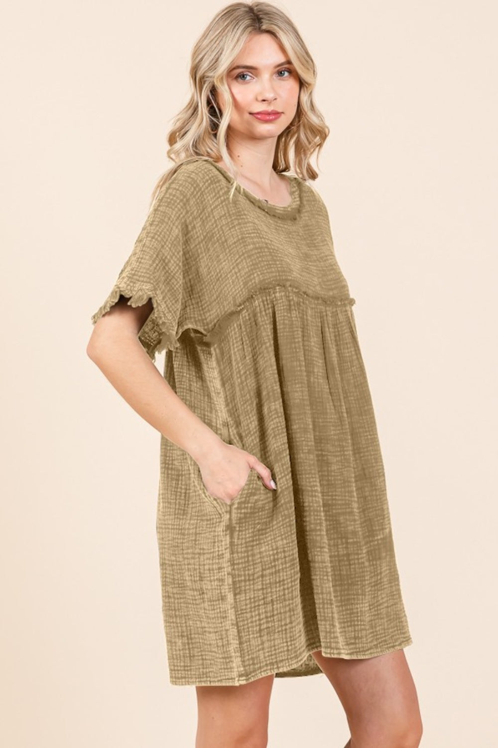 Culture Code Full Size Short Sleeve Babydoll Texture Dress with Pockets - Classique Collection