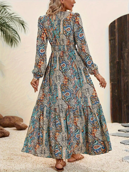 Printed Tie Neck Long Sleeve Maxi Dress - Classique Collection