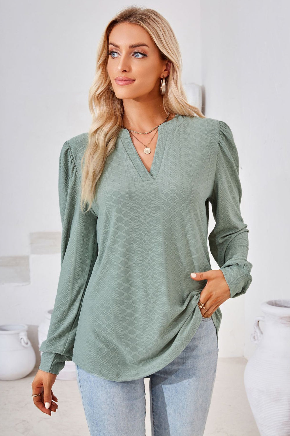 V-Neck Puff Sleeve Blouse - Classique Collection