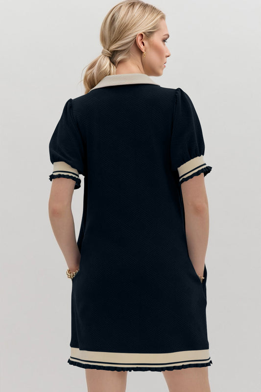 Oh Frill Contrast Trim Johnny Collar Short Sleeve Mini Dress - Classique Collection