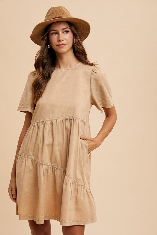 Annie Wear Mineral Washed Round Neck Short Sleeve Denim Dress - ClassiQ