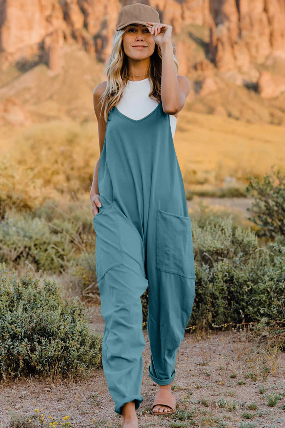 Double Take Full Size V-Neck Sleeveless Jumpsuit with Pockets - ClassiQ