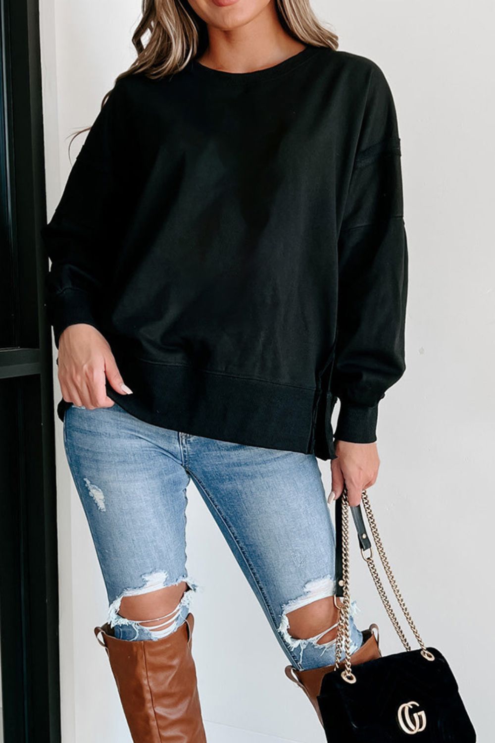 Side Slit Round Neck Long Sleeve Sweatshirt - Classique Collection