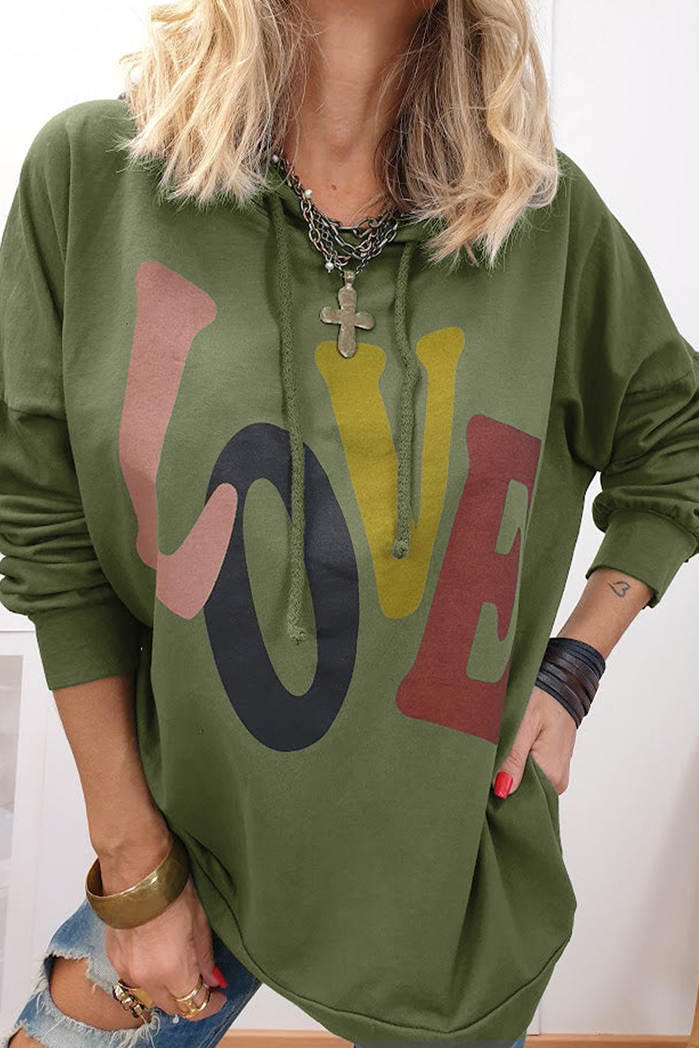 LOVE Drawstring Dropped Shoulder Hoodie - ClassiQ