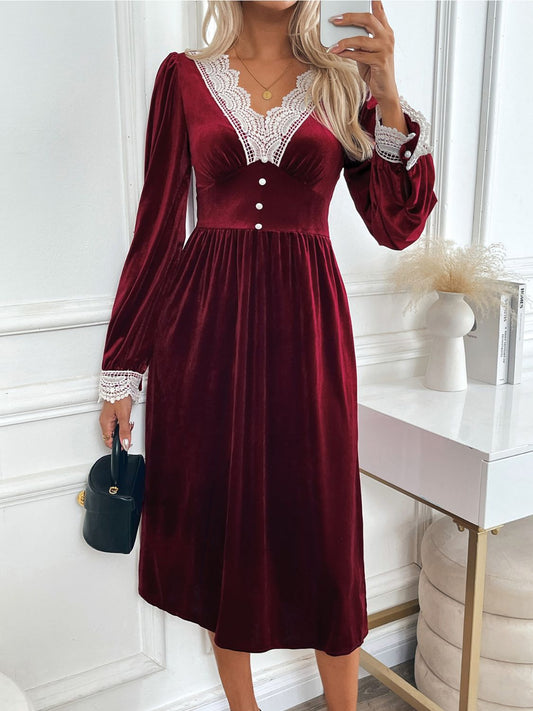 Perfee Lace Detail V-Neck Long Sleeve Midi Dress - Classique Collection