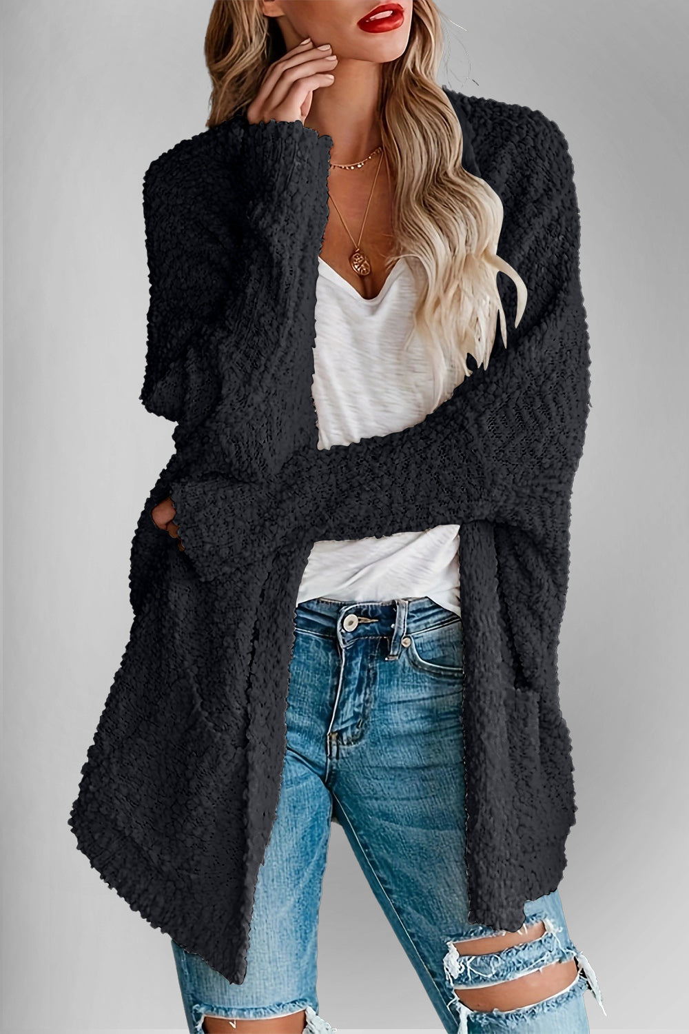 Double Take Pocketed Open Front Long Sleeve Cardigan - ClassiQ