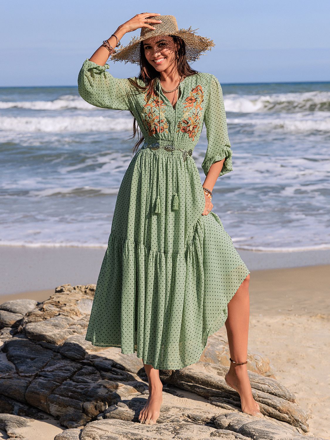 Embroidered Polka Dot Tie Neck Long Sleeve Midi Dress - Classique Collection