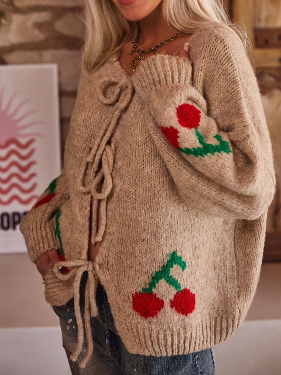Tied Cherry Round Neck Long Sleeve Cardigan - Classique Collection