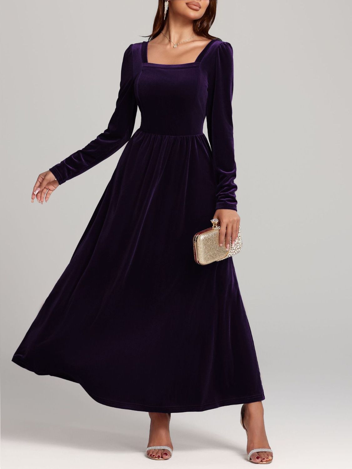 Velvet Square Neck Long Sleeve Dress - Classique Collection