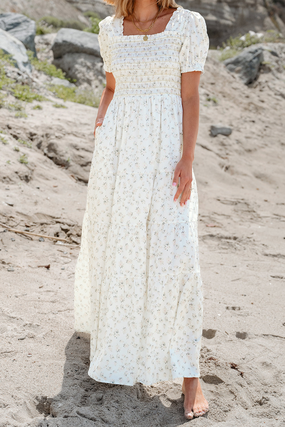 White Frilly Shirred Bodice Tiered Floral Maxi Dress ClassiQ