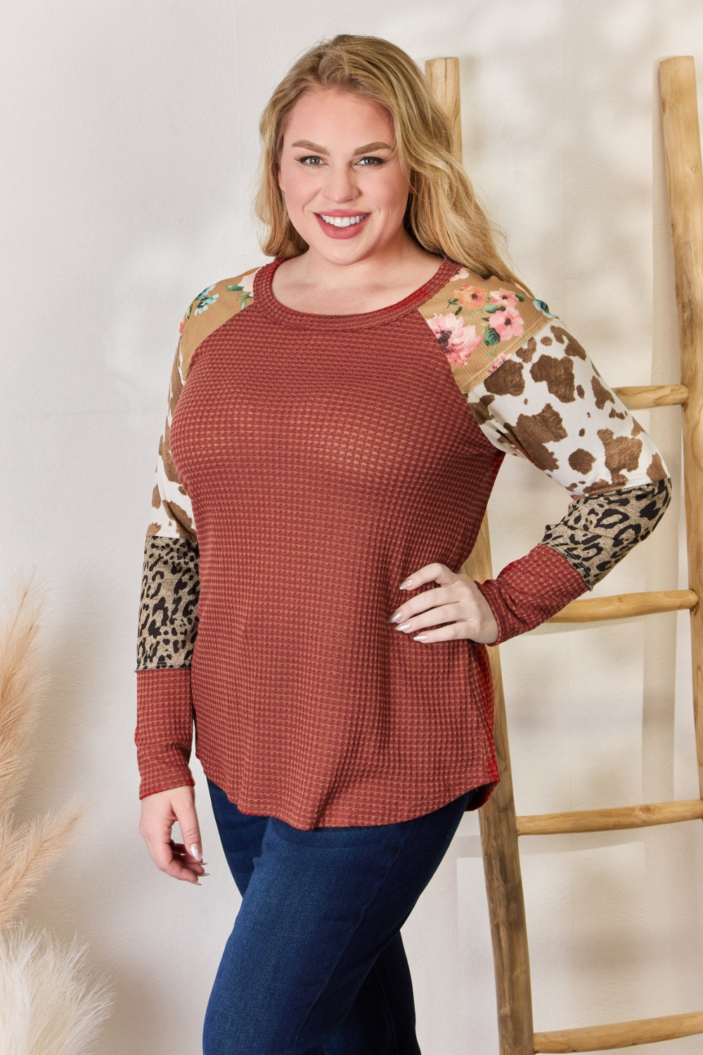 Hailey & Co Full Size Leopard Waffle-Knit Blouse - Classique Collection