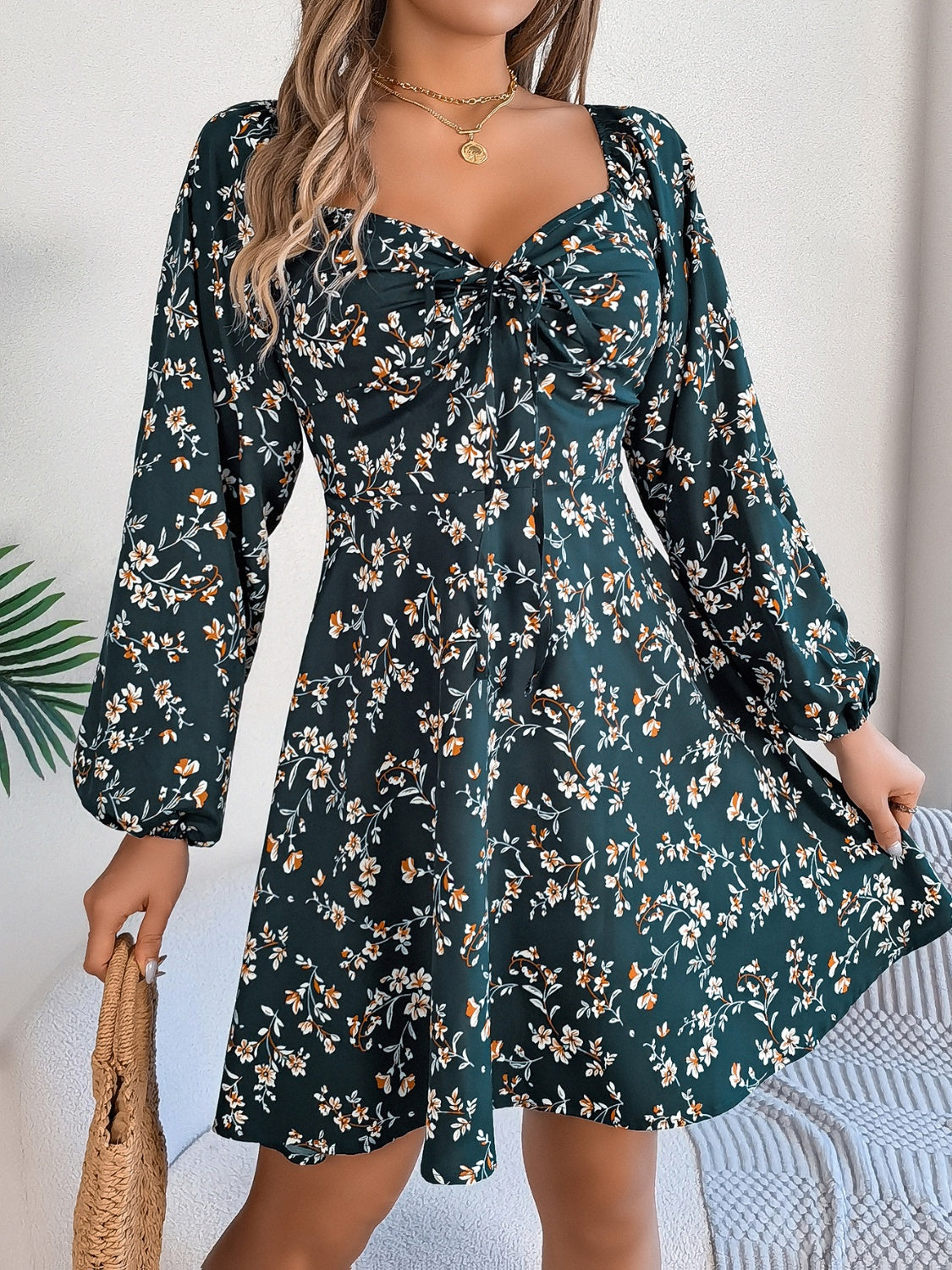 Printed Sweetheart Neck Balloon Sleeve Mini Dress - Classique Collection