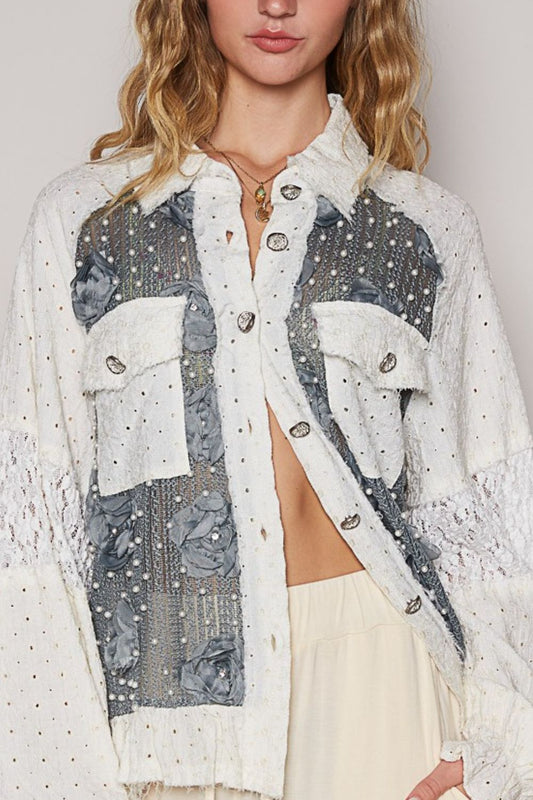 POL Eyelet Flower Pearl Detail Lace Patchwork Shirt - Classique Collection