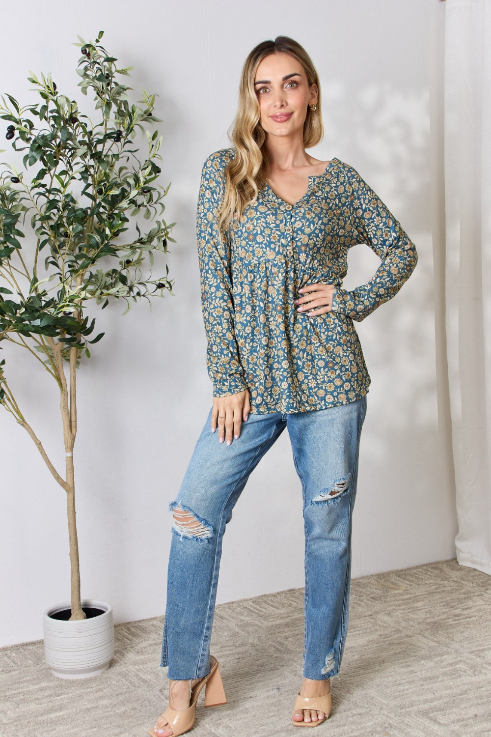 Heimish Full Size Floral Half Button Long Sleeve Blouse - Classique Collection