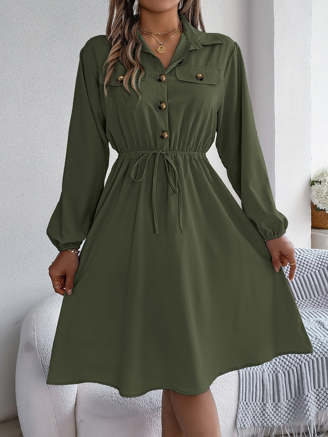 Collared Neck Long Sleeve Dress with Pockets - Classique Collection