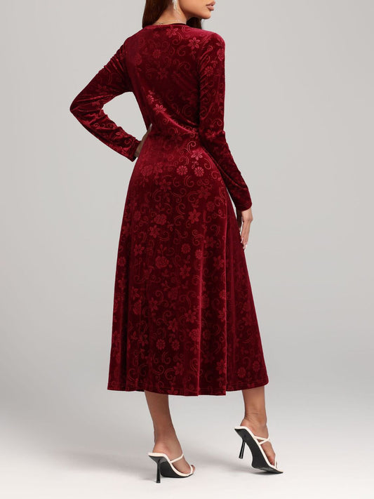 Flower Print V-Neck Long Sleeve Midi Dress - Classique Collection