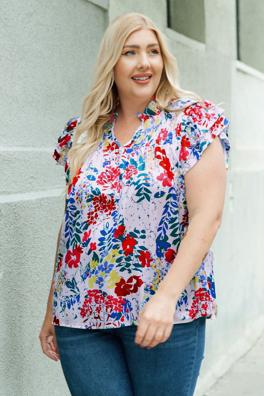 Plus Size Floral Smocked Flutter Sleeve Blouse - Classique Collection