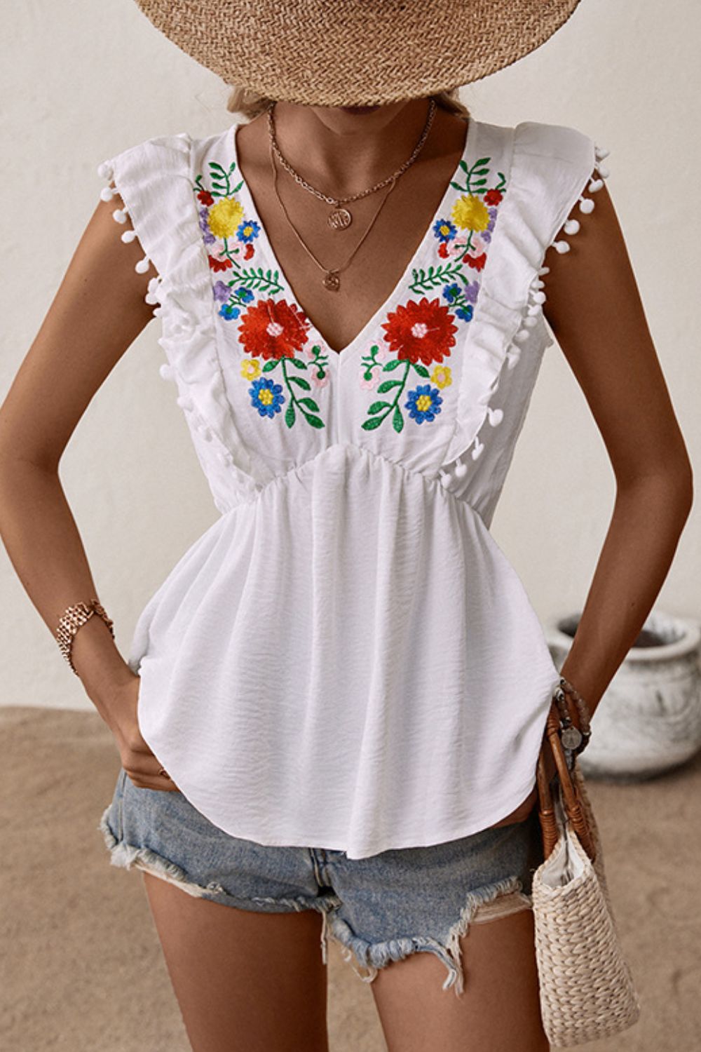 Perfee Embroidered Pom-Pom Trim Cap Sleeve Babydoll Top - Classique Collection