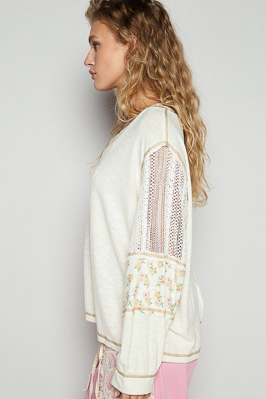 POL Floral Crochet Patch V-Neck Top - Classique Collection