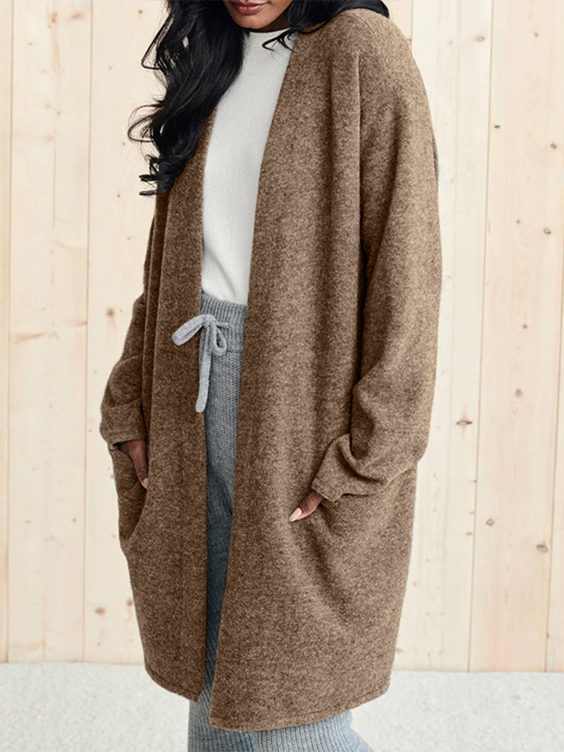 Open Front Long Sleeve Cardigan with Pockets - ClassiQ