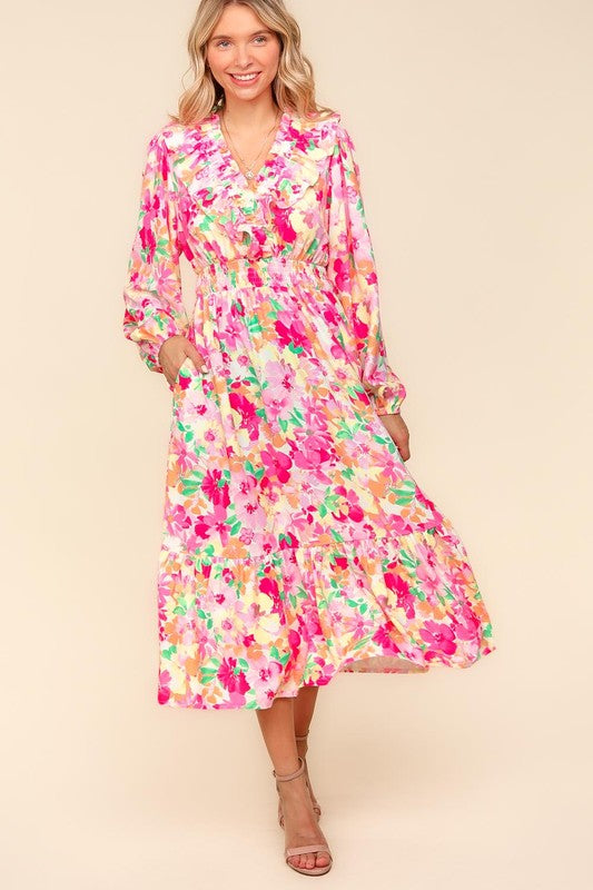 Haptics Full Size Floral Surplice Balloon Sleeve Dress with Side Pockets - Classique Collection
