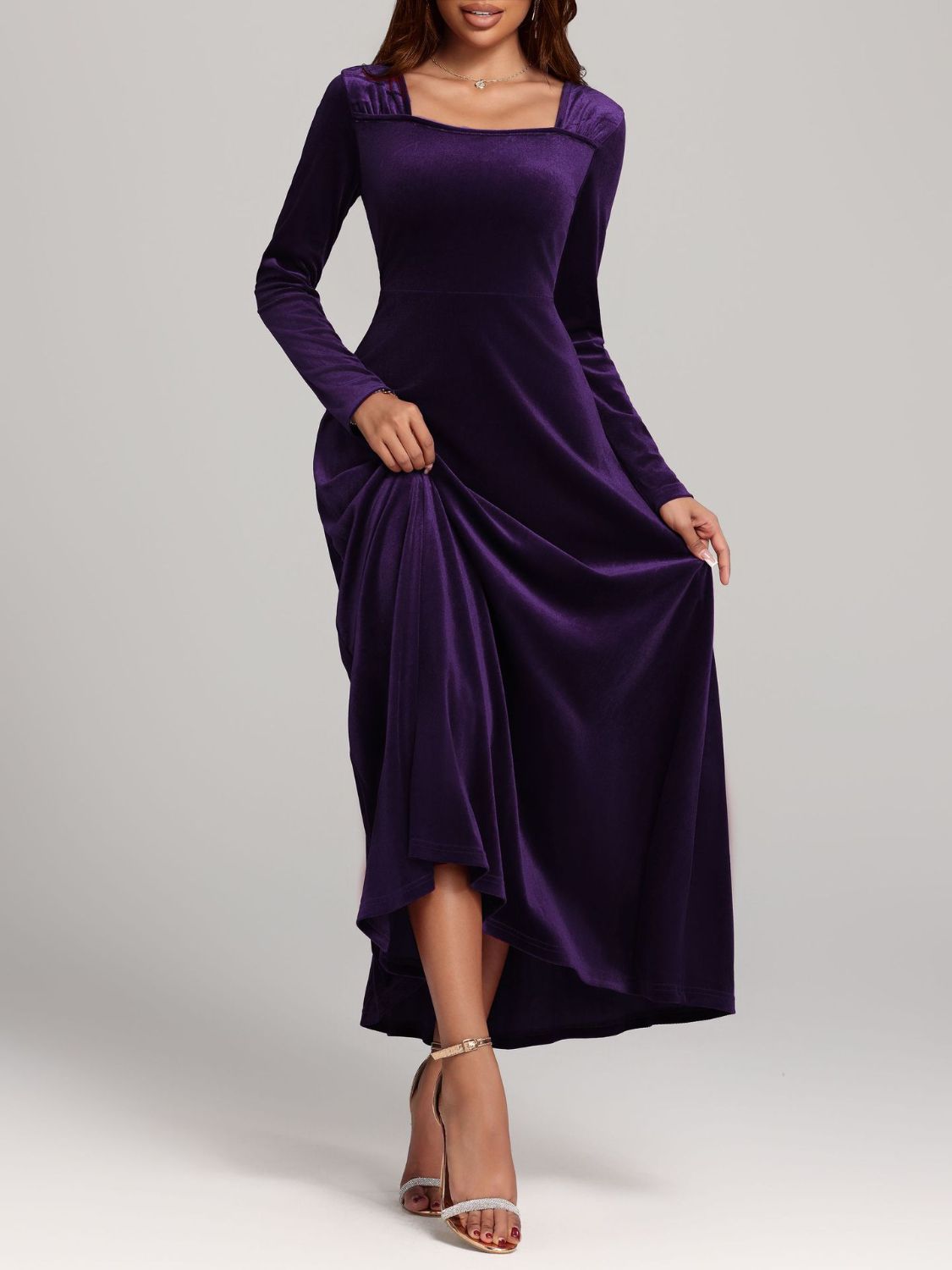 Square Neck Long Sleeve Velvet Dress - Classique Collection