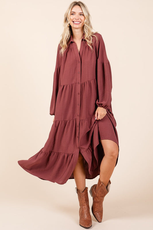 Mittoshop Tiered Button Down Long Sleeve Midi Dress - Classique Collection