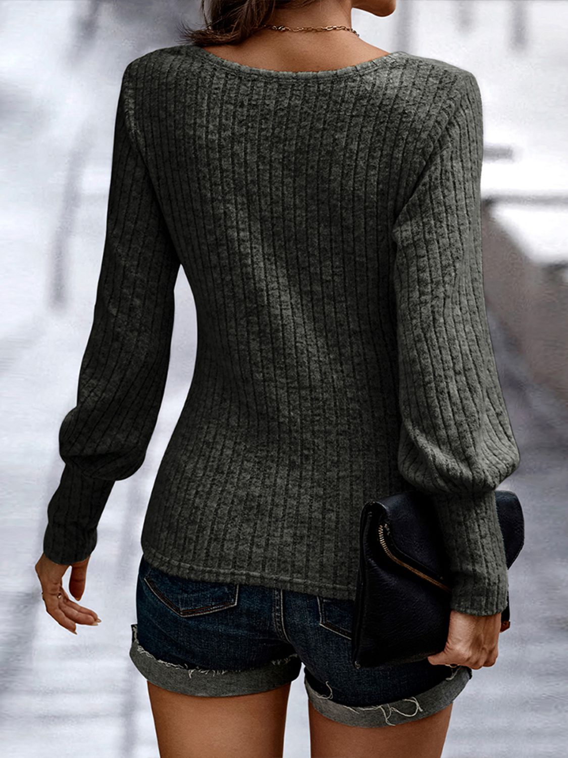 Shiny Ribbed Round Neck Long Sleeve Blouse - Classique Collection