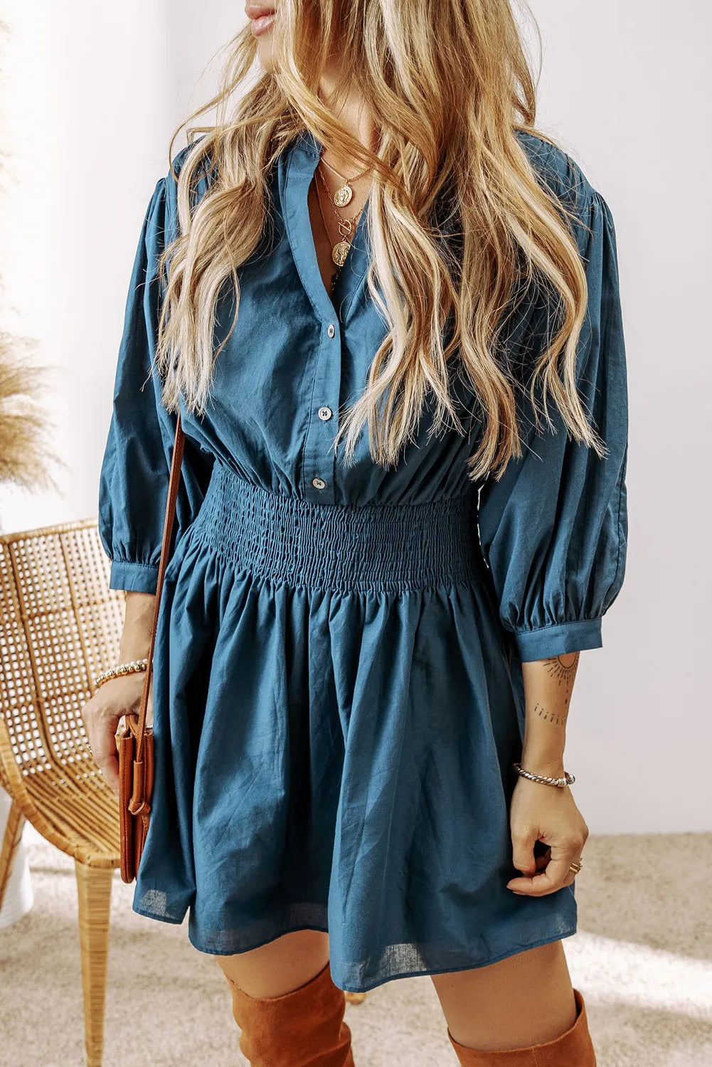 Smocked Half Button Three-Quarter Sleeve Mini Dress - Classique Collection