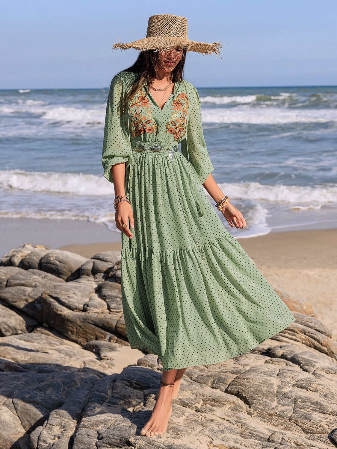 Embroidered Polka Dot Tie Neck Long Sleeve Midi Dress - Classique Collection
