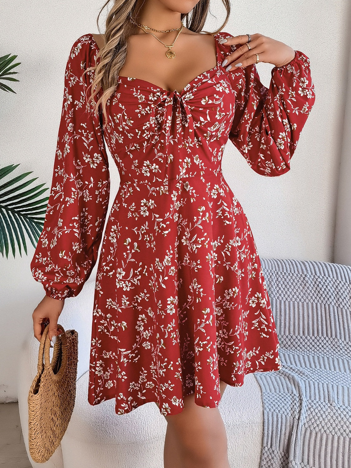 Printed Sweetheart Neck Balloon Sleeve Mini Dress - Classique Collection