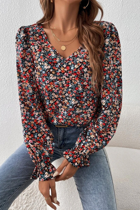 V-Neck Printed Long Sleeve Blouse - Classique Collection