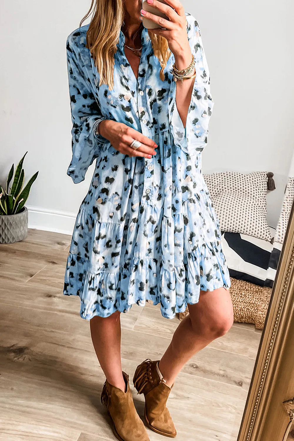 Leopard Notched Long Sleeve Tiered Dress - Classique Collection
