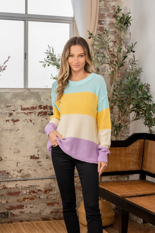 Sew In Love Full Size Color Block Exposed Seam Sweater - ClassiQ