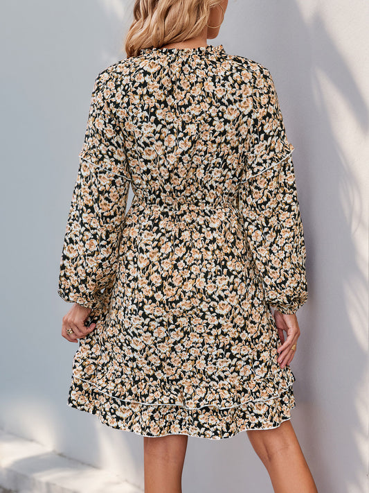 Perfee Printed Tie Neck Long Sleeve Mini Dress - Classique Collection