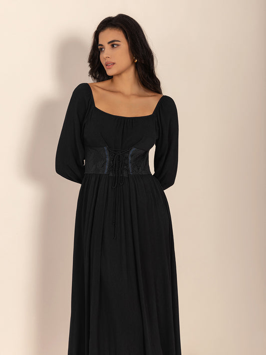 Lace-Up Square Neck Long Sleeve Midi Dress - Classique Collection