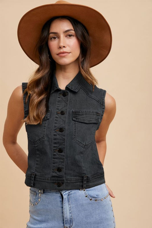 Annie Wear Collared Neck Button Down Denim Vest - ClassiQ