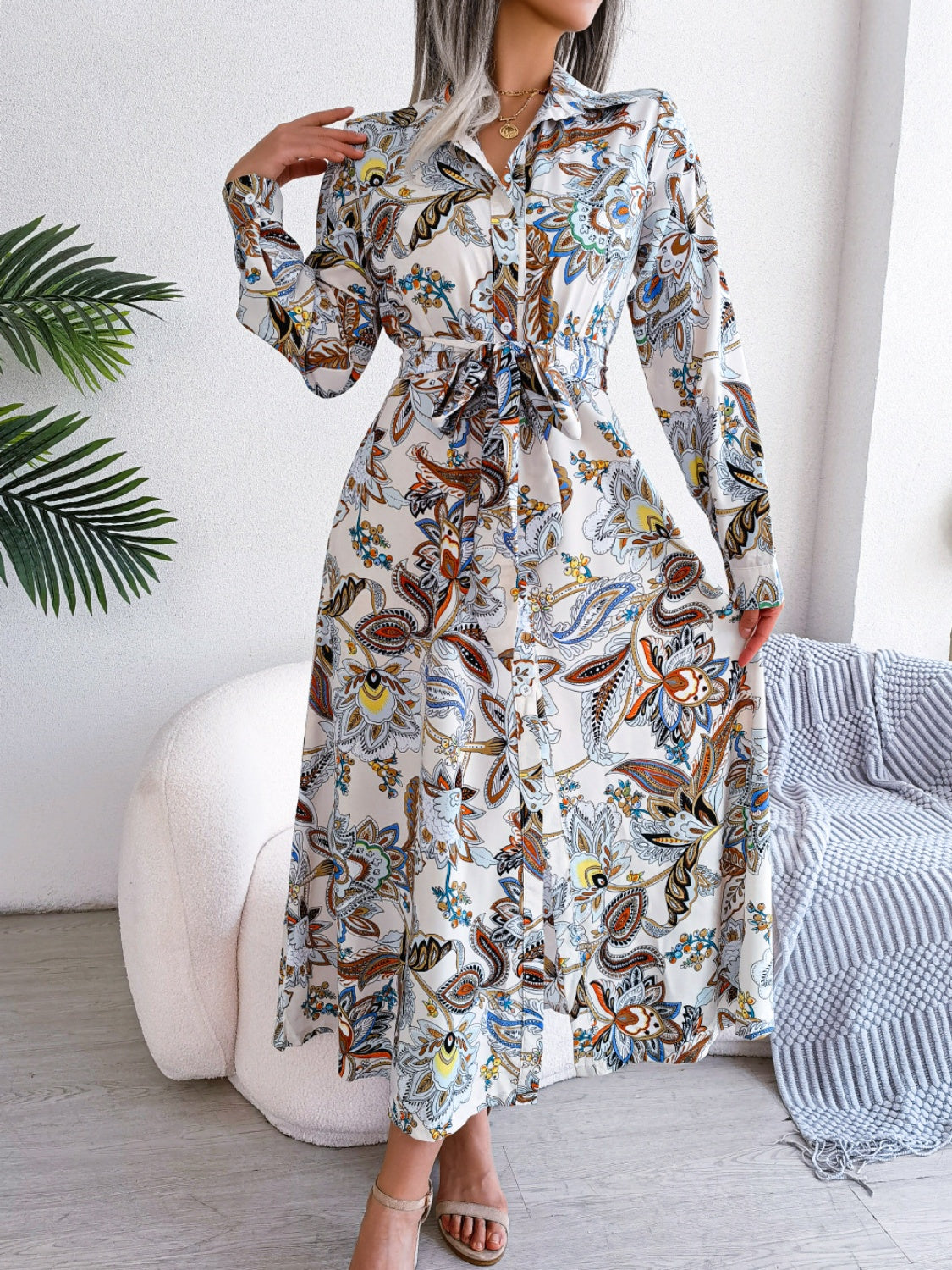 Tied Printed Long Sleeve Midi Dress - Classique Collection