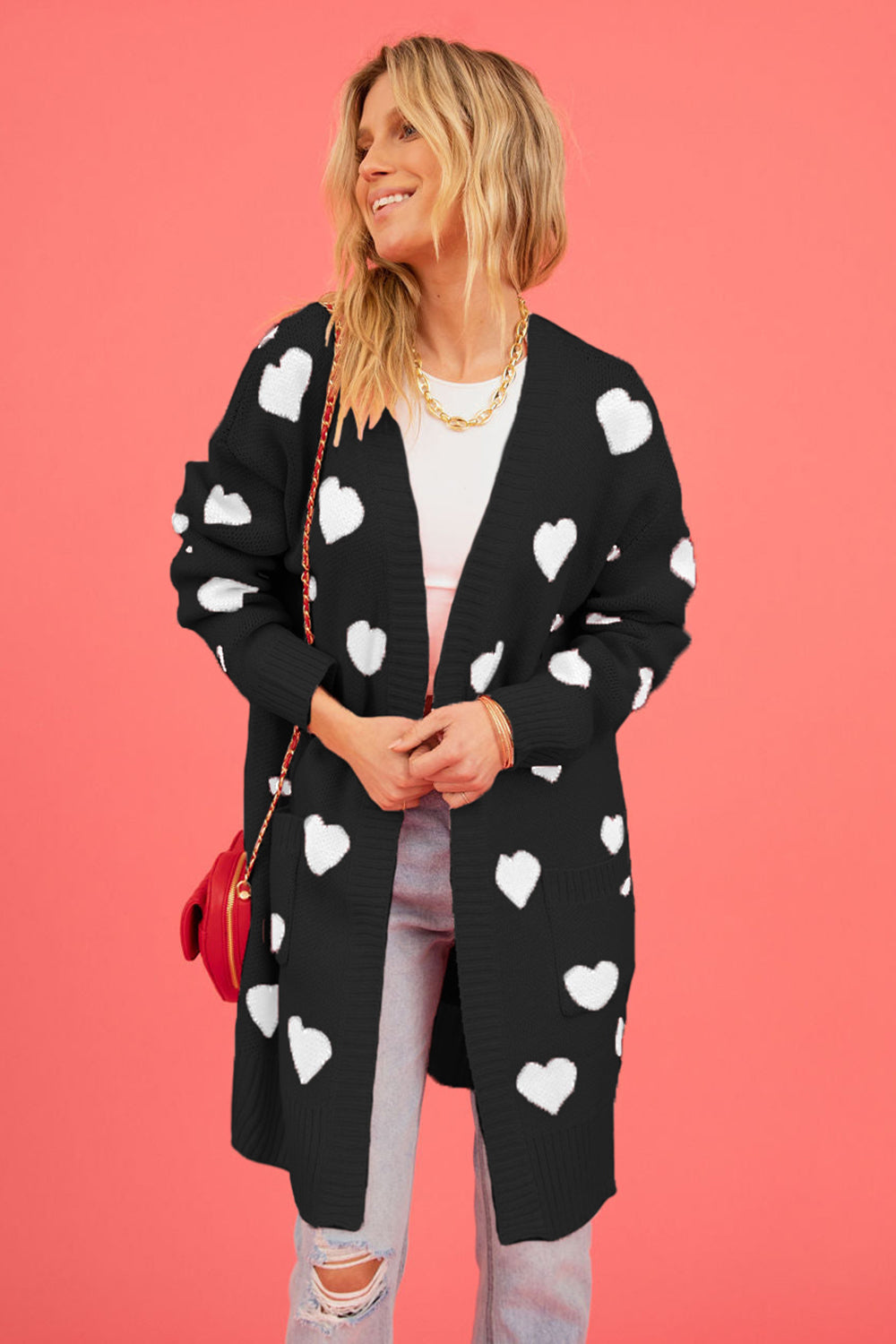 Heart Graphic Open Front Cardigan with Pockets - ClassiQ