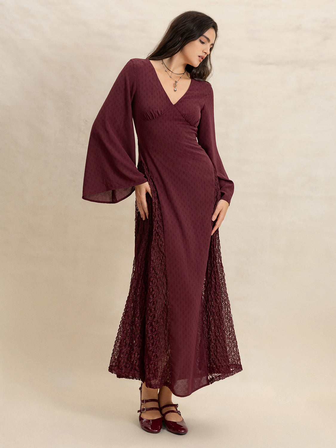 Lace Patchwork V-Neck Long Sleeve Midi Dress - Classique Collection