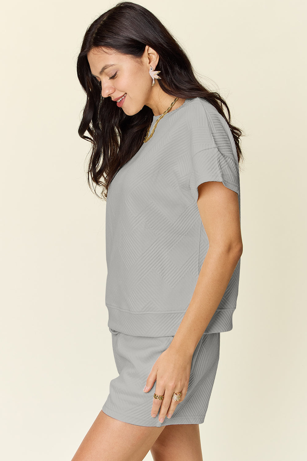 Double Take Full Size Texture Short Sleeve T-Shirt and Drawstring Shorts Set - ClassiQ