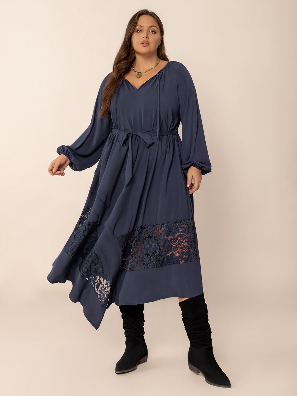 Plus Size Lace Detail Tie Neck Long Sleeve Midi Dress - Classique Collection