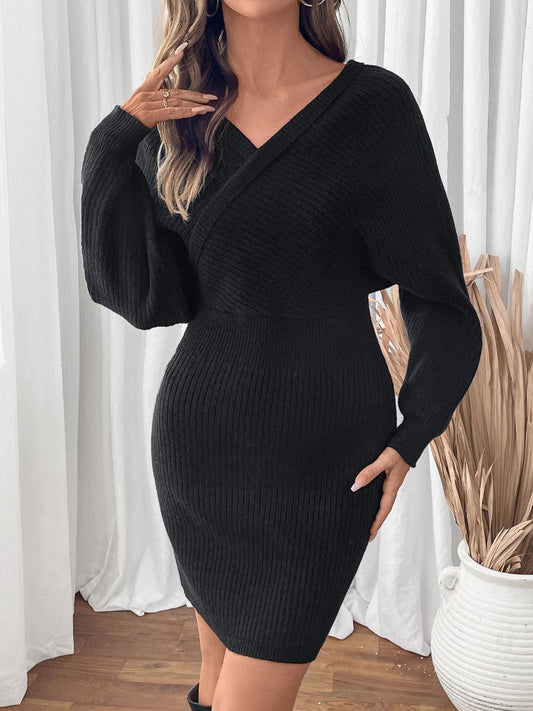 Perfee Surplice Long Sleeve Sweater Dress - Classique Collection