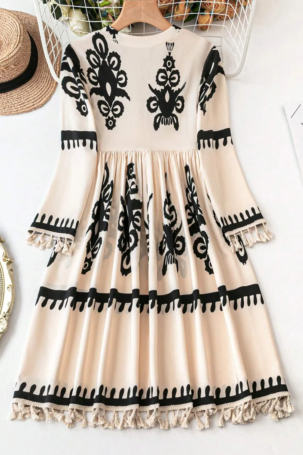 Tassel Printed Three-Quarter Sleeve Mini Dress - Classique Collection