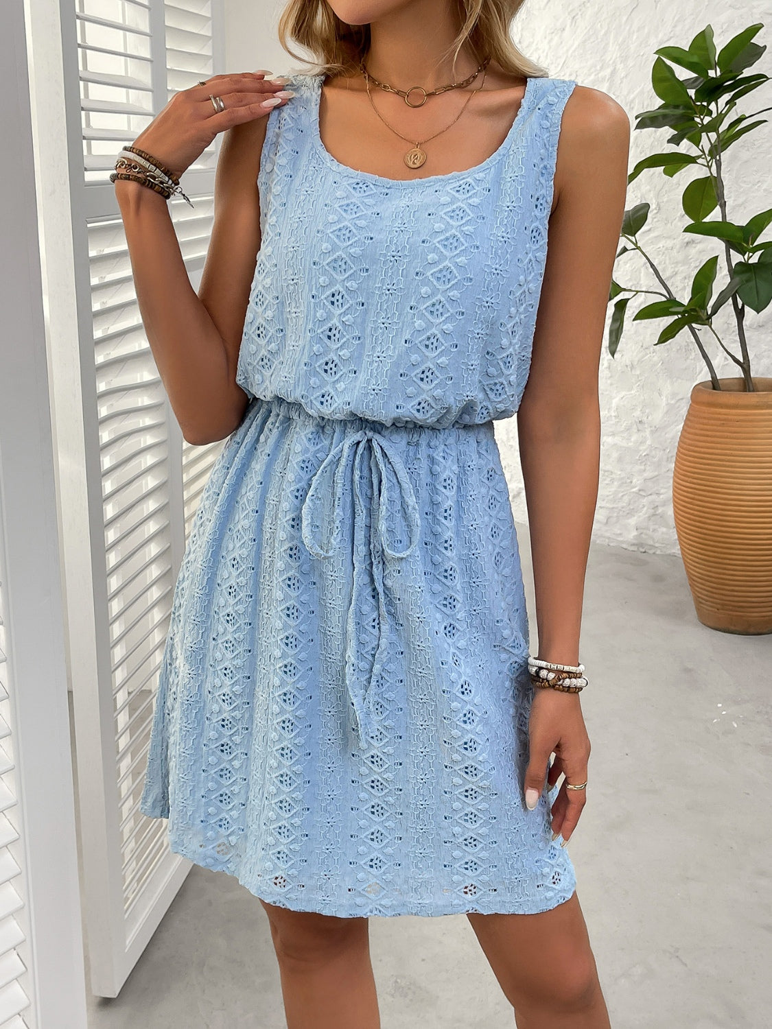Eyelet Drawstring Round Neck Sleeveless Dress - Classique Collection