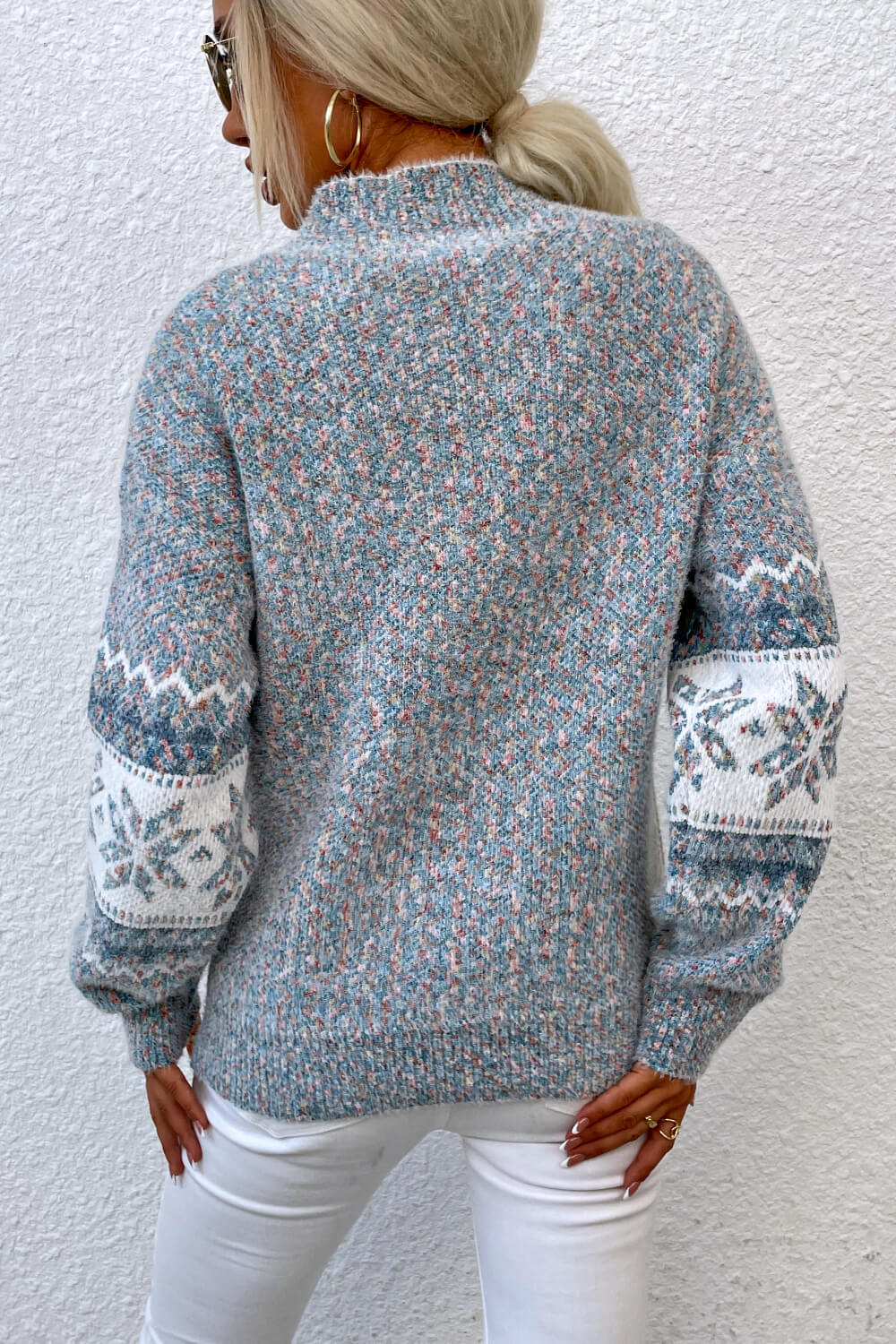 Snowflake Pattern Mock Neck Sweater - ClassiQ