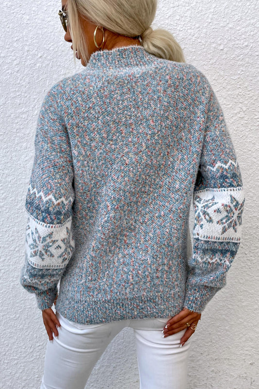 Snowflake Pattern Mock Neck Sweater - ClassiQ